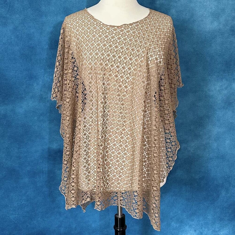 Tan Crochet Mesh Poncho Coverup, One Size